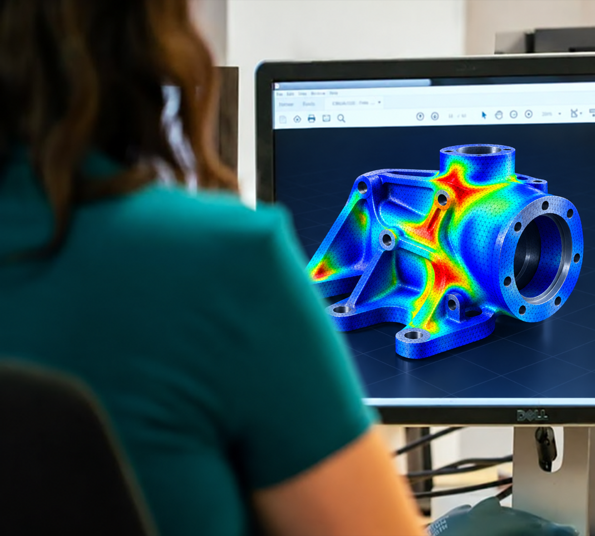 Engineer reviewing a finite element analysis model on a computer screen